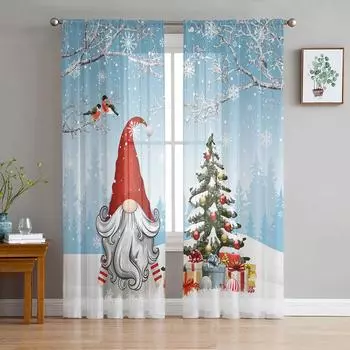 Christmas Snow Scene Snowflakes Gnome Blue Sheer Curtains Living Room Decoration Window Curtains Kitchen Tulle Voile Curtains W135 x H115cm x1