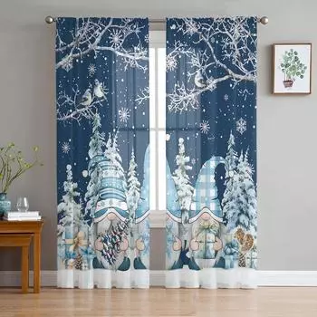 Christmas Snow Scene Snowflakes Gnome Blue Sheer Curtains Living Room Decoration Window Curtains Kitchen Tulle Voile Curtains W135 x H115cm x1