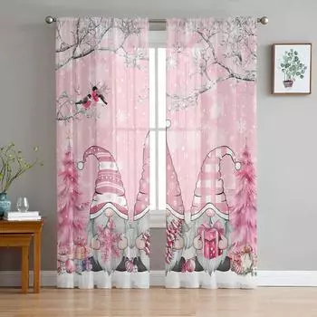 Рождественский снежный пейзаж Снежинки Гном Розовые прозрачные шторы Украшение гостиной Оконные шторы Кухня Тюль Вуаль Шторы W135 x H115cm x1&Rod Pocket