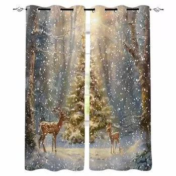 Christmas Snow Scenery Snowflakes Trees Deer Blackout Curtains For Living Room Bedroom Window Treatment Blinds Drapes W135 x H60cm