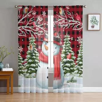 Christmas Snow Tree Snowman Sheer Curtains Home Window Decorations Voile Tulle Curtains For Living Room Bedroom Kitchen W135 x H115cm x1&Rod Pocket