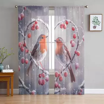 Christmas Snowflake Bird Red Fruit Love Sheer Curtains Modern Gauze Curtain for Living Room Bedroom Voile Yarn Curtains W135 x H114cm