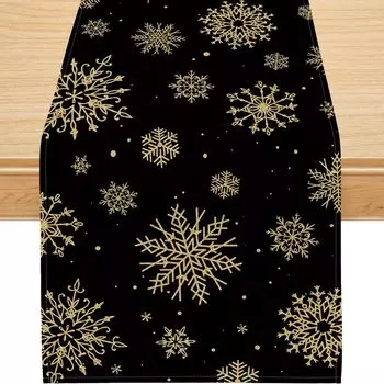 Christmas Snowflake Black Gold Linen Table Runner Seasonal Winter Xmas Holiday Party Dining Table Decor Navidad Decoration 2025 150x33cm 59x13inch