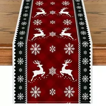 Christmas Snowflake Elk Plaid Linen Table Runners Seasonal Winter Xmas Kitchen Party Dining Table Decor Navidad Decorations 2025 150x33cm 59x13inch