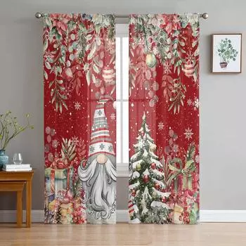 Christmas Snowflake Gnome Eucalyptus Red Sheer Curtains Bedroom Decoration Window Curtain Kitchen Tulle Voile Curtains W135 x H115cm x1