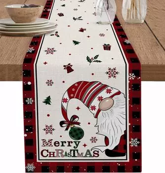 Christmas Snowflake Gnomes Red Buffalo Plaid Linen Table Runner Winter Xmas Dresser Scarf for Holiday Kitchen Party Table Decor 150x33cm 59x13inch