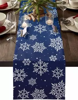 Christmas Snowflake Navy Blue Linen Table Runner Dining Table Decor Winter Xmas Table Runners Dresser Scarf Christmas Decoration 150x33cm 59x13inch