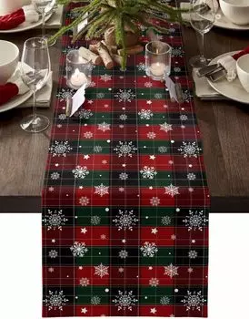 Christmas Snowflake Red Green Buffalo Plaid Linen Table Runner Table Decor Winter Xmas Dining Table Runners Christmas Decoration 150x33cm 59x13inch
