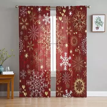 Christmas Snowflake Red Sheer Curtains for Living Room Decoration Window Curtains for Kitchen Tulle Voile Organza Curtains W135 x H115cm x1