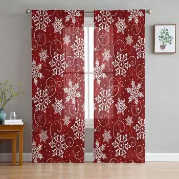 Christmas Snowflake Texture Red Sheer Curtains for Living Room Decoration Window Curtains Kitchen Tulle Voile Organza Curtains W135 x H115cm x1