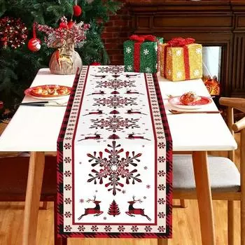 Christmas Snowflakes Elk Print Linen Table Runner Xmas Party Decor Winter Kitchen Dining Table Runners Navidad Decorations 2025 150x33cm 59x13inch