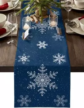 Christmas Snowflakes Navy Blue Linen Table Runner for Table Decor Winter Xmas Kitchen Dining Table Runners Christmas Decorations 150x33cm 59x13inch