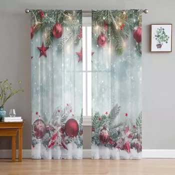 Christmas Snowflakes Pine Branches Christmas Balls Sheer Curtains Room Decoration Window Curtains Kitchen Tulle Voile Curtains W135 x H115cm x1