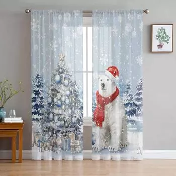 Christmas Snowflakes Retro Koala Sheer Curtains for Living Room Decoration Window Curtains Kitchen Tulle Voile Curtains W135 x H115cm x1