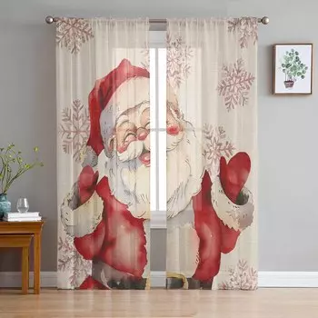 Christmas Snowflakes Retro Santa Claus Sheer Curtains Modern Gauze Curtain for Living Room Bedroom Voile Yarn Curtains W135 x H114cm