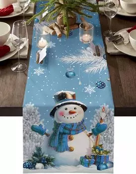 Christmas Snowman Ball Silver Pine Linen Table Runner Holiday Party Decor Winter Xmas Dining Table Runners Christmas Decorations 150x33cm 59x13inch