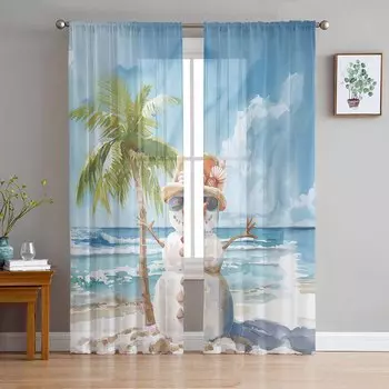 Christmas Snowman Beach Ocean Watercolor Curtains For Living Room Bedroom Home Decoration Window Voile Tulle Curtain Drapes W135 x H114cm