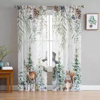Christmas Snowman Berry Pine Squirrel Sheer Curtains for Living Room Decoration Window Curtains Kitchen Tulle Voile Curtains W135 x H115cm x1