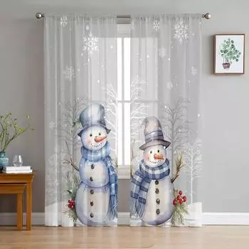 Christmas Snowman Branch Snowflake Grey Yarn Curtain Window Tulle Curtains For Living Room Kitchen Window Sheer Voile Curtains W135 x H115cm x1&Rod Pocket
