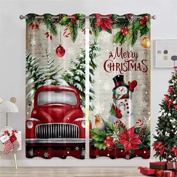 Christmas Snowman Car Curtains European American Style Red Living Room Bedroom Balcony Window Decoration Curtains 2 Panels 50W130H(CM)X2PCS&Grommet Top