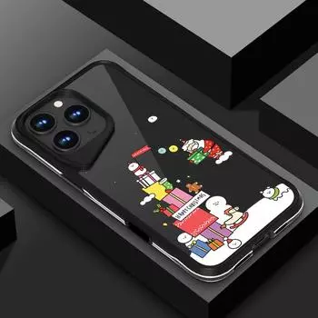 Christmas Snowman Pattern Transparent Phone Case for iPhone 16 15 Pro 14 Plus 13 Pro Max Soft Edges Acrylic Hard Solid Color Edges Shockproof Cover iPhone 16 чёрный