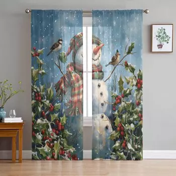 Christmas Snowman Plant Red Fruit Bird Curtains For Living Room Bedroom Home Decoration Window Voile Tulle Curtain Drapes W135 x H114cm