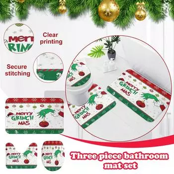 Christmas Snowman Print Toilet Bathroom Mat And Shower Curtain Three Piece Set One Size