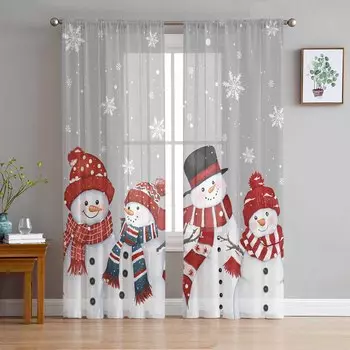 Christmas Snowman Snowflake Gray Sheer Curtains for Living Room Decoration Window Curtains Kitchen Tulle Voile Curtains W135 x H115cm x1