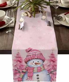 Christmas Snowman Snowflake Pink Linen Table Runner Winter Wedding Party Table Decor Xmas Dresser Scarf Navidad Decorations 2025 150x33cm 59x13inch