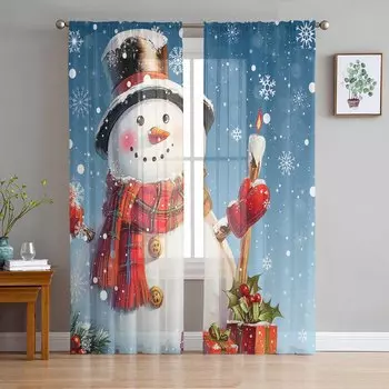 Christmas Snowman Snowflake Red Blue Sheer Curtains Modern Gauze Curtain for Living Room Bedroom Voile Yarn Curtains W135 x H114cm
