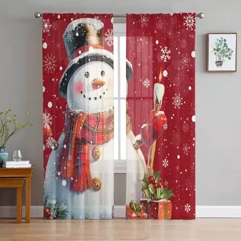 Christmas Snowman Snowflake Red Curtains For Living Room Bedroom Home Decoration Window Voile Tulle Curtain Drapes W135 x H114cm