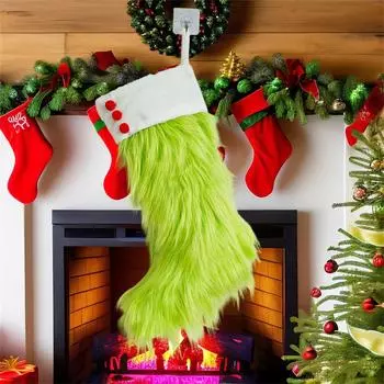 Christmas Socks, Green Plush Christmas Socks, Fireplace Stairs Hanging Decoration, Imitation Plush Christmas Snack Candy Bag One Size