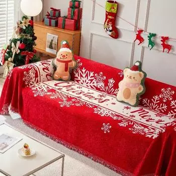 Christmas Sofa Cover with Tassel Couch Towel Machine Washable Holiday Theme Red Grids Sofa Slipcover for Living Room Decor 180x130