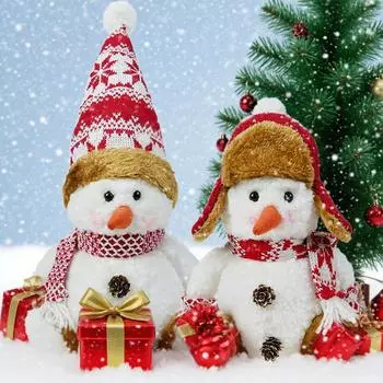 Christmas Soft Plush Snowman With Red Knitted Scarf And Hat, Standing And Sitting Claus And Snowman Christmas Dress Desktop Decoration One Size