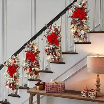 Christmas Stairway Swag Trim Bow Hanging Wreath Artificial Staircase Garland Bowknot Garland Pendant for New Year Decor 2025 with Light красный