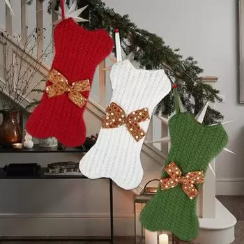 Christmas Stocking Knitted Bone Shape Stocking with Bow Xmas Fireplace Hanging Socks зелёный