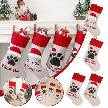 Christmas Stockings Cat Dog Paw Print Candy Bag Hanging Ornament Christmas New Xmas Decorations Y9U8 C-1pcs
