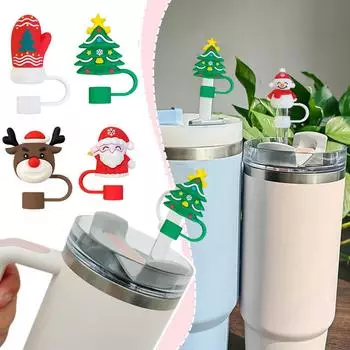 Christmas Straw Cover Cap 10mm Reusable Silicone Straw Straw Topper Decor Cup Dustproof Accesso F6N5 3-1pcs