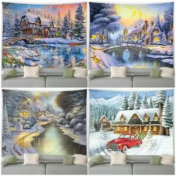 Christmas Street Snow Scene Tapestry Bedroom Living Room Home Christmas Decorative Tapestry 100x75cm