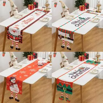 Christmas Table Flag Cotton and Linen Printed Snowman Elderly Table Mat Atmosphere Christmas Decoration 30x180CM