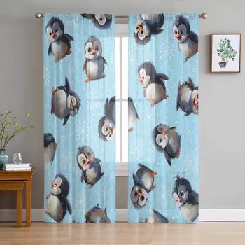Christmas Texture Penguin Snowflake Blue Sheer Curtains Modern Gauze Curtain for Living Room Bedroom Voile Yarn Curtains W135 x H114cm