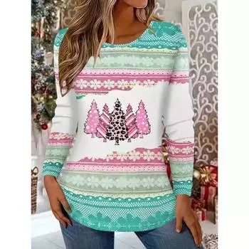 Женская футболка с круглым вырезом и 3D-принтом на рождественскую тематику, повседневная футболка с длинным рукавом, женская одежда на весну и осень, пуловер S