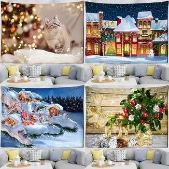Рождественский тематический узор с кошкой, гобелен для спальни, гостиной, домашнего декора 100x75cm