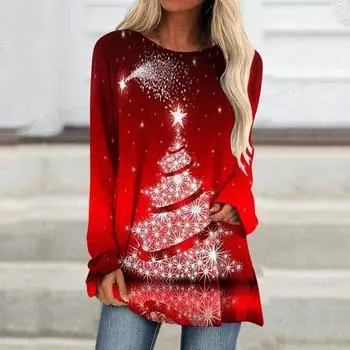 Christmas Tree 3D Printed Long Sleeved T-shirt for Women s Fashion Christmas T-shirts Round Neck Long Sleeved Top S