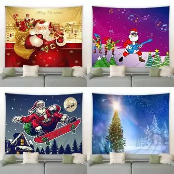 Christmas Tree Cartoon Santa Claus Tapestry Bedroom Living Room Home Christmas Decoration Tapestry 100x75cm