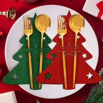 Christmas Tree Cutlery Knife Fork Covers Spoon Bags Christmas Table Decoration Cutlery Mats Xmas Party Festival Table Ornaments 20.3x16.9cm