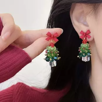 Christmas Tree Dangle Earrings for Women Exquisite Cute Red Bow Earring Luxury Shiny Ear Accessories Trendy Festival Jewelry New
