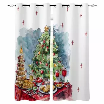 Christmas Tree Desserts Red Wine Cake Stars Blackout Curtains For Living Room Bedroom Window Treatment Blinds Kitchen Drapes W135 x H60cm