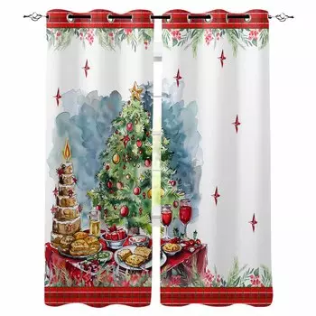 Christmas Tree Desserts Red Wine Cake Stars Blackout Curtains For Living Room Bedroom Window Treatment Blinds Kitchen Drapes W135 x H60cm