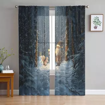 Christmas Tree Forest Dwarf Snowman Squirrel Curtains For Living Room Bedroom Home Decoration Window Voile Tulle Curtain Drapes W135 x H114cm